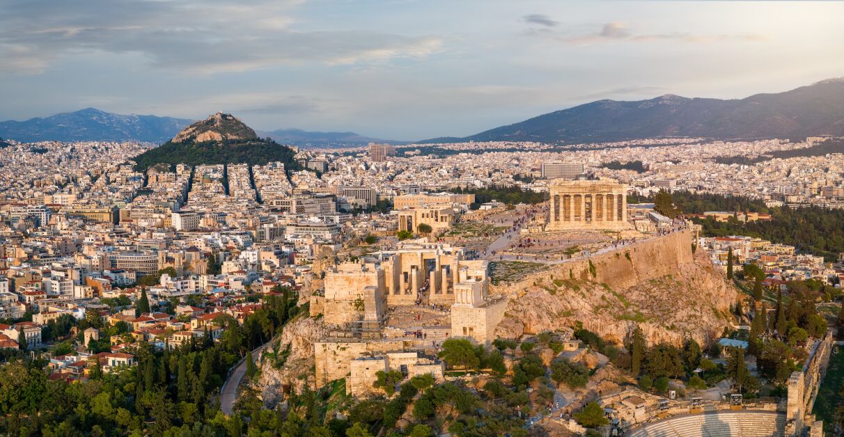 Aerial close up view of the Acropolis of Athens, Greece, with Parliament Building and Lycabettus